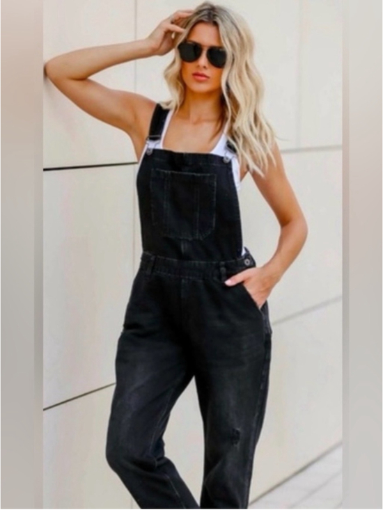 Risen Jeans Pants - Risen Jean Los Angeles Washed Black Distressed Ankle Crop Overalls Womens Medium